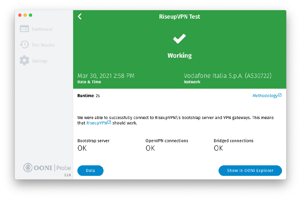 OONI Probe RiseupVPN test