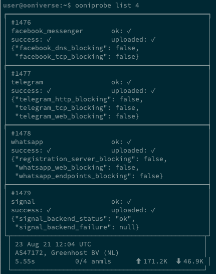 ooniprobe list 4 command output